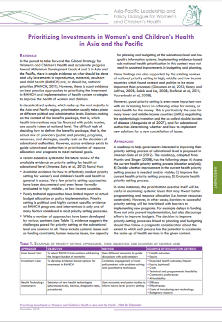 Prioritizing investments in women’s and children’s health in Asia and the Pacific