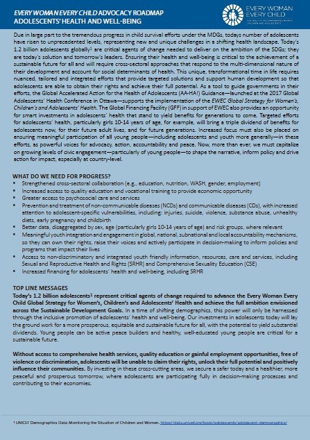 Adolescent health and well-being: Every Woman Every Child, advocacy road map