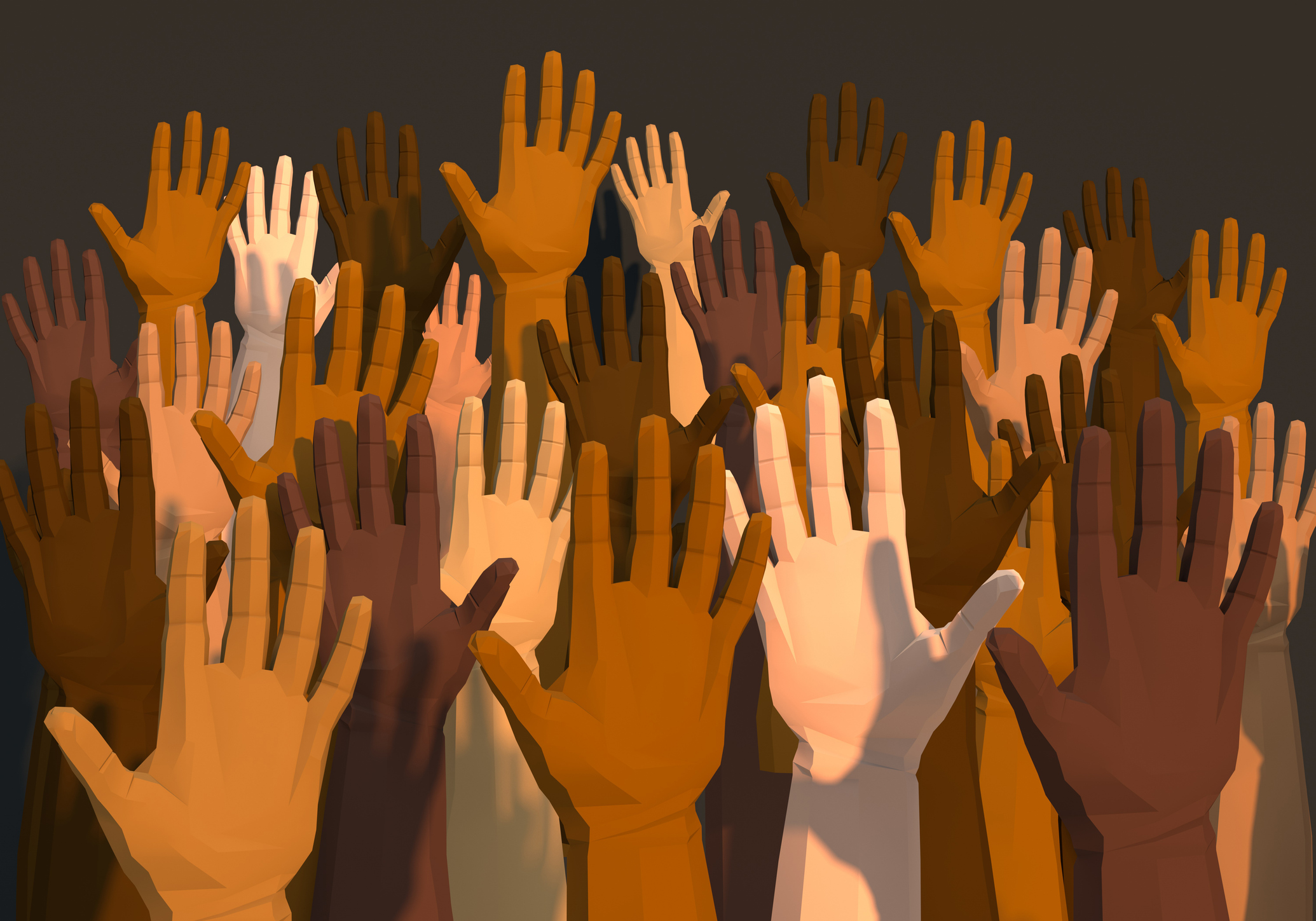 Digital generated image of multi-ethnic arms raised in the air on dark gray background