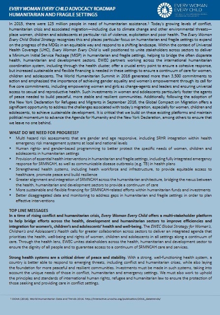 Humanitarian and Fragile Settings: Every Woman Every Child, advocacy road map
