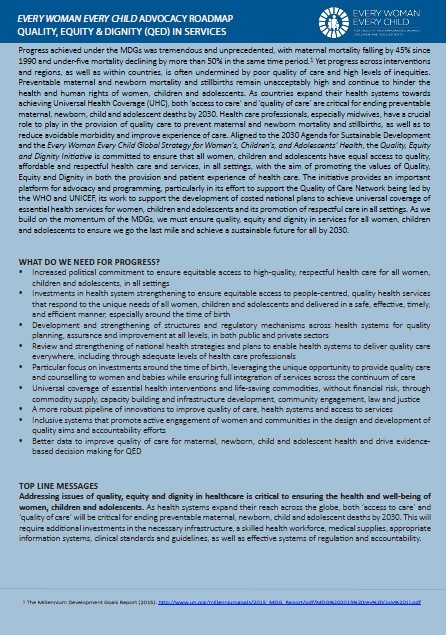 Quality, Equity and Dignity: Every Woman Every Child, advocacy road map
