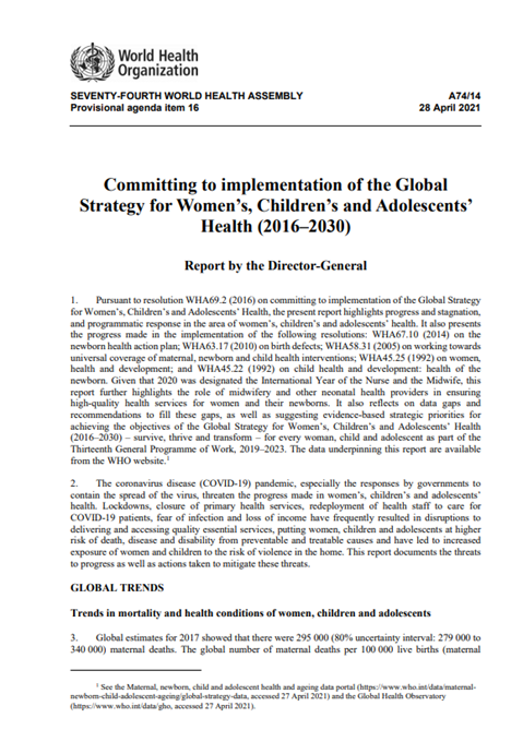 WHA report on implementation of the Global Strategy (2016–2030)