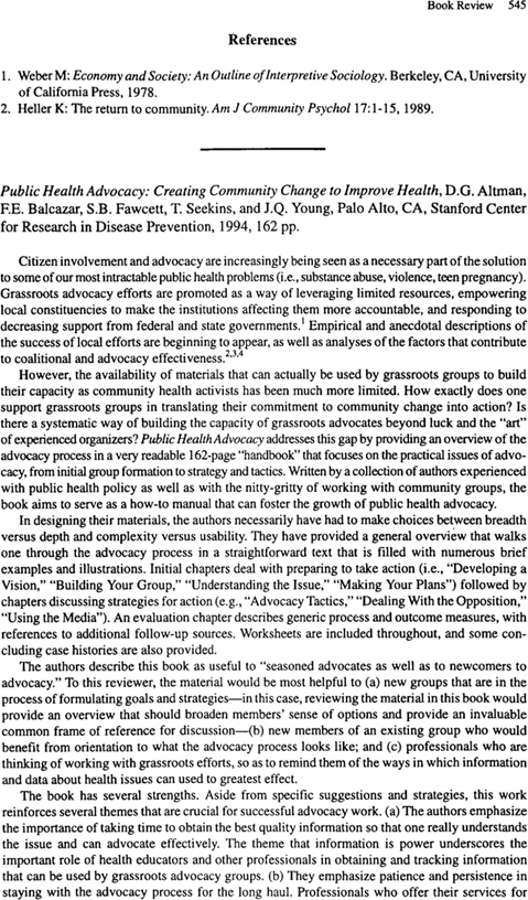 Book Reviews : Public Health Advocacy: Creating Community Change to Improve Health
