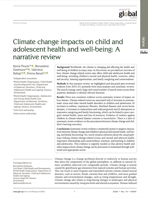 Climate change impacts on child and adolescent health and well-being: A narrative review
