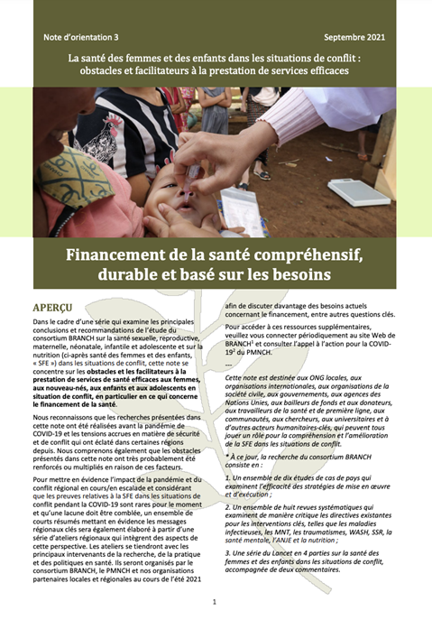 La santé des femmes et des enfants dans les situations de conflit : Financement de la santé compréhensif, durable et basé sur les besoins