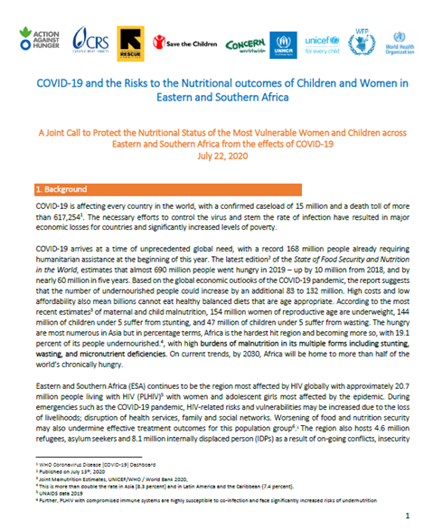 COVID-19 and the Risks to the Nutritional outcomes of Children and Women in Eastern and Southern Africa