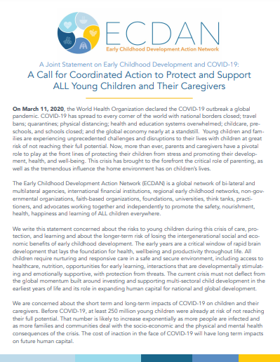 A Joint Statement on Early Childhood Development and COVID-19: A Call for Coordinated Action to Protect and Support ALL Young Children and Their Caregivers