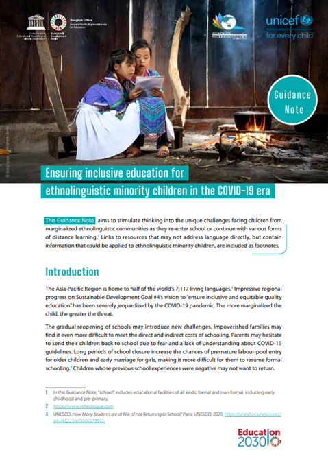 Ensuring inclusive education for ethnolinguistic minority children in the COVID-19 era Guidance Note