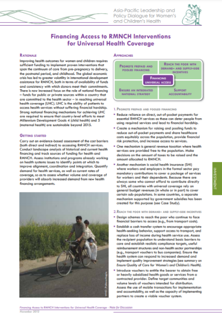 Financing access to RMNCH interventions for universal health coverage