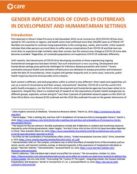 Gender implications of COVID-19 outbreaks in development and humanitarian settings