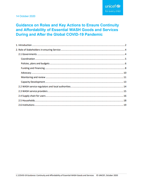 Guidance on Roles and Key Actions to Ensure Continuity and Affordability of Essential WASH Goods and Services During and After the Global COVID-19 Pandemic