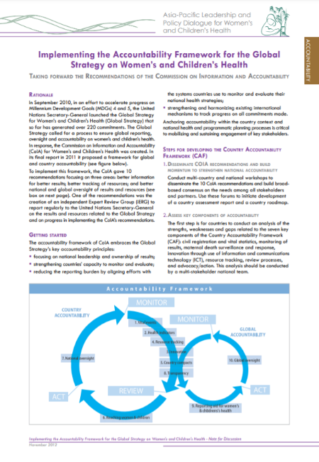 Implementing the Accountability Framework for the Global Strategy on Women’s and Children’s Health