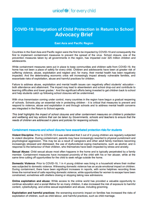 COVID-19: Integration of Child Protection in Return to School - Advocacy Brief - East Asia and Pacific Region