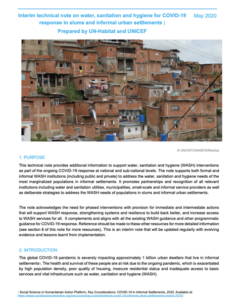 Interim technical note on water, sanitation, and hygiene for COVID-19 response in slums and informal urban settlements