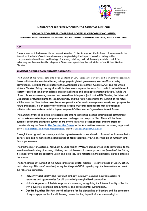 In Support of the Preparations for the Summit of the Future - Key Asks to Member States for Political Outcome Documents