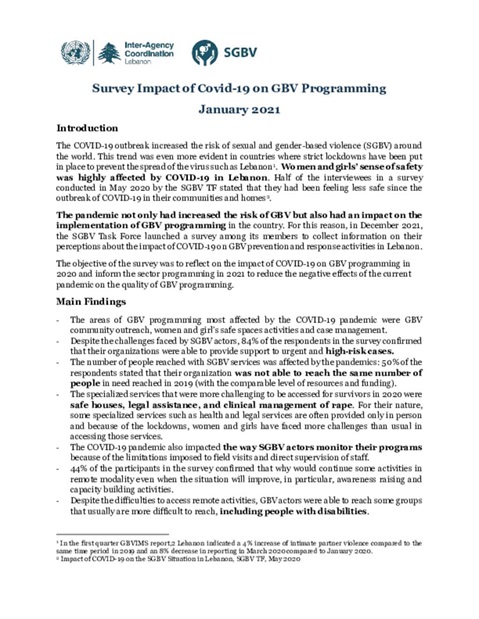 Lebanon- Inter-Agency -Survey on the Impact of COVID-19 on SGBC programming- SGBV Task Force