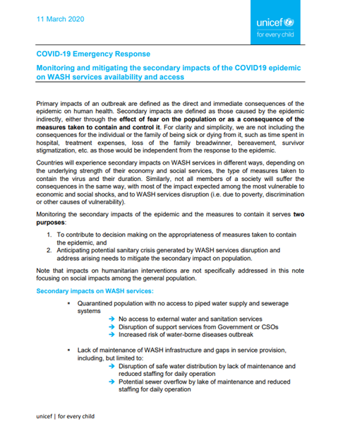 Monitoring and mitigating the secondary impacts of the COVID19 epidemic on WASH services availability and access