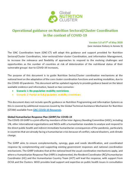 Nutrition sectoral and cluster coordination guidance in COVID-19 contexts