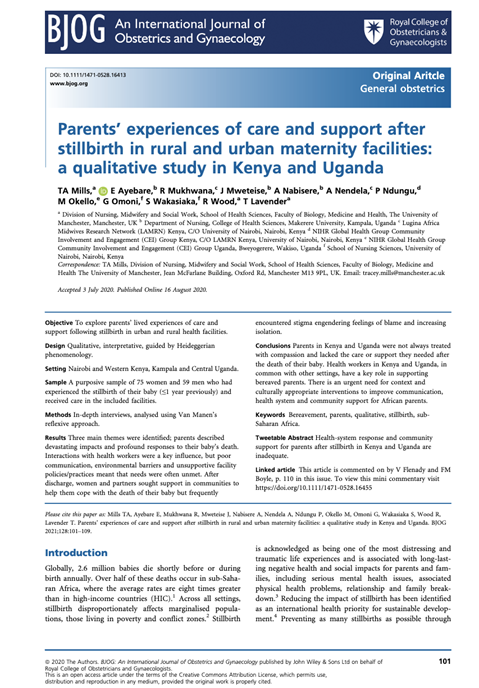 Parents’ experiences of care and support after stillbirth in rural and urban maternity facilities: a qualitative study in Kenya and Uganda