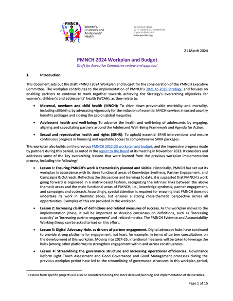 PMNCH 2024 – 2025 Workplan and Budget (Updated Aug 2024)