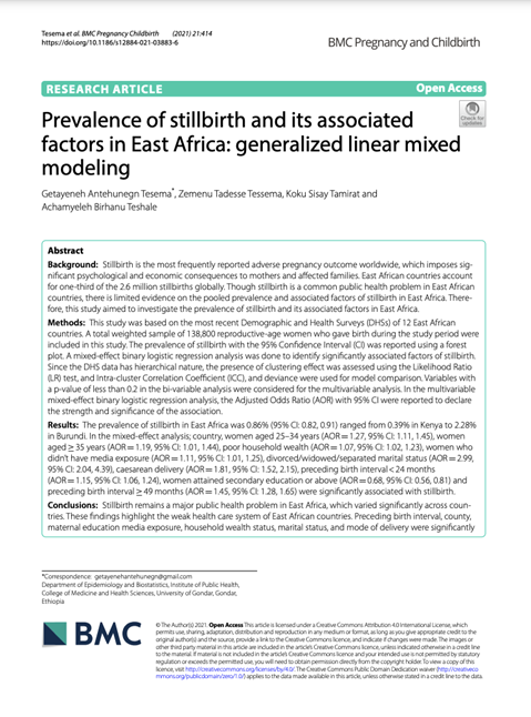 Prevalence of stillbirth and its associated factors in East Africa: generalized linear mixed modeling