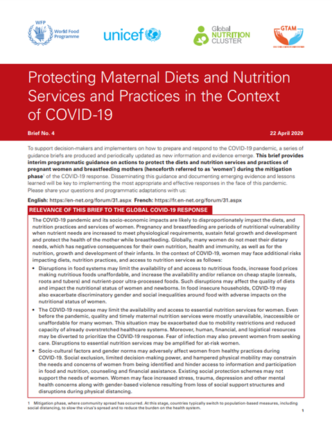 Protecting Maternal Diets and Nutrition Services and Practices in the Context of COVID-19