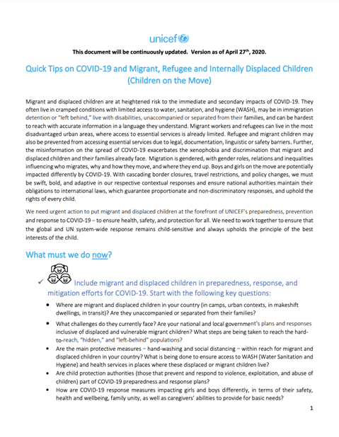 Quick Tips on COVID-19 and Migrant, Refugee and Internally Displaced Children