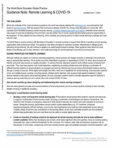 Guidance Note: Remote Learning & COVID-19