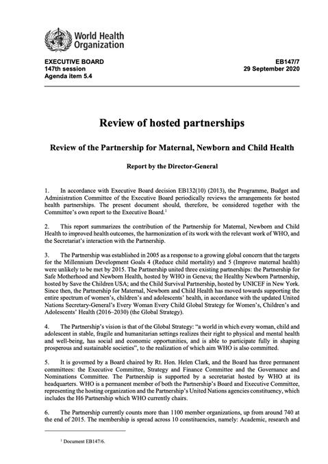 WHO EB147 - Review of the Partnership for Maternal, Newborn and Child Health