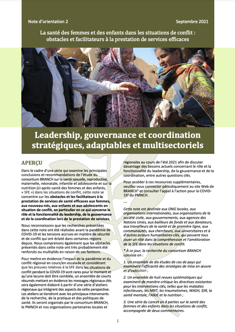 La santé des femmes et des enfants dans les situations de conflit : Leadership, gouvernance et coordination stratégiques, adaptables et multisectoriels
