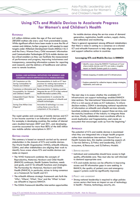 Using ICTs and mobile devices to accelerate progress for women’s and children’s health