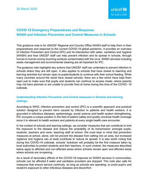 WASH and infection prevention and control measures in schools
