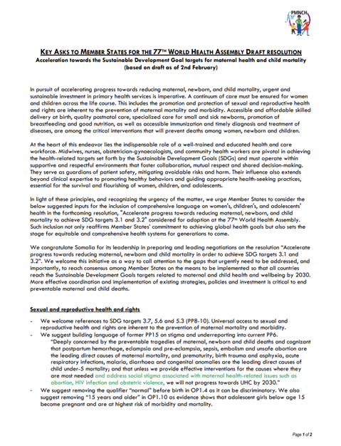 Key asks to Member States for the 77th World Health Assembly draft resolution